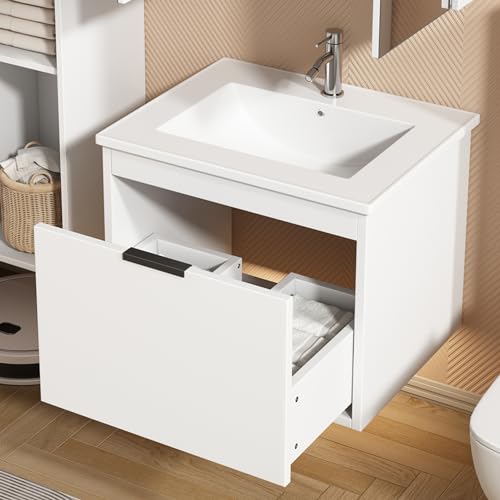 DRIXNO Waschbeckenunterschrank hängend 60cm breit,mit Keramikwaschbecken, mit Schubladen,modernes Design Weiß von DRIXNO