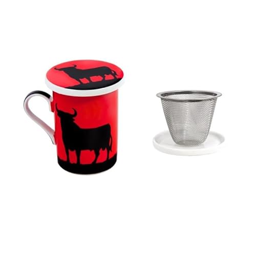 DRW Set von 4 Tassen mit Deckel mit einem Stier in Rot und Schwarz, Tasse 10 x 7 x 10 cm von DRW