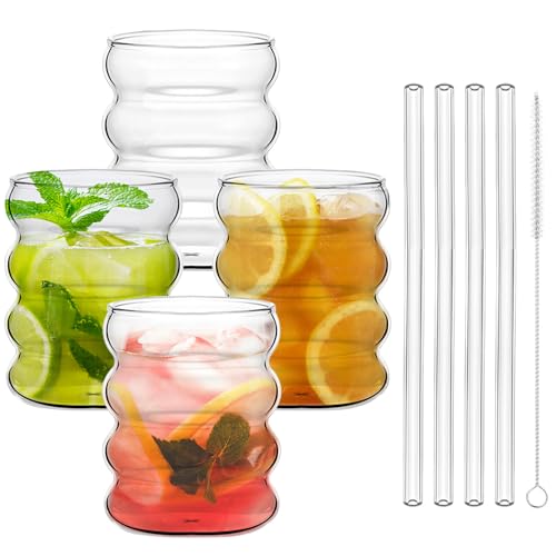 DTYGUIXE 4 Stück Gerippte Trinkgläser mit Glasstrohhalme Getränkegläser Cocktailgläser Set Transparent Saftgläser Glas Gläser Wellenförmige Wassergläser Trinkgläser Longdrinkgläser mit Strohbürste von DTYGUIXE