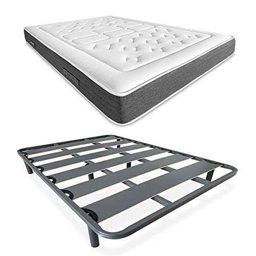 DUÉRMETE ONLINE Komplettes Bett mit viskoelastischer Matratze Bio Nature + verstärkter Lattenrost 40 x 30 mm mit 4 Metallfüßen, Legierter Stahl, grau, 90 x 190 von DUÉRMETE ONLINE