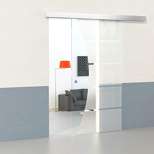 Glas-Schiebetür Set mit Softclose 5-Streifendesign mit Klarfeld 2050 mm x 1050 mm x 8 mm ESG Schiebetüre Glastür Zimmertür Gleittür von DURADOOR