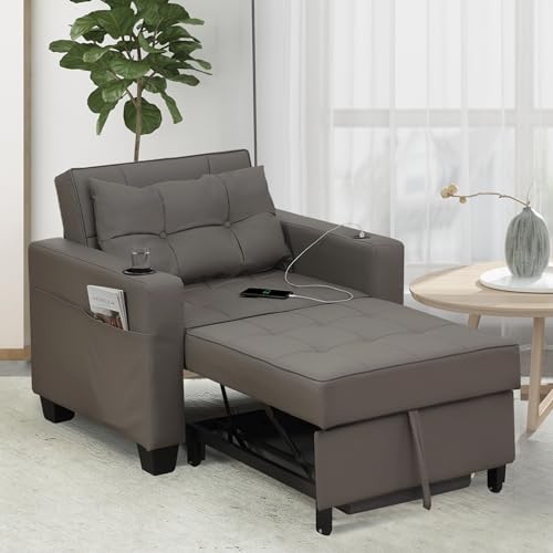 DURASPACE 3-in-1-Stuhl, ausziehbar Schlafstuhl Betten, verstellbar Einzelstuhl, Sofa-Bett mit USB-Anschlüssen, Seitentasche, Getränkehalter für kleinen Raum (Grau) von DURASPACE