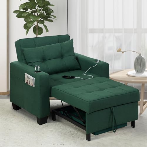 DURASPACE 99cm Schlaferstuhl, 3-in-1 umwandelbarer Stuhl Bett, ausziehbarer Schlafsessel, Schlafsofa mit USB-Anschlüssen, Seitentasche, Getränkehalter für kleinen Raum (Grün) von DURASPACE