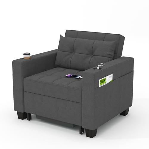 DURASPACE Schlafsessel 3-in-1-Convertible-Stuhl-Bett, ausziehbare Schlafsessel-Betten, Verstellbarer Einzelsessel-Sofa-Bett mit USB-Anschlüssen, Seitentaschen für kleinen Raum(Dunkelgrau) von DURASPACE