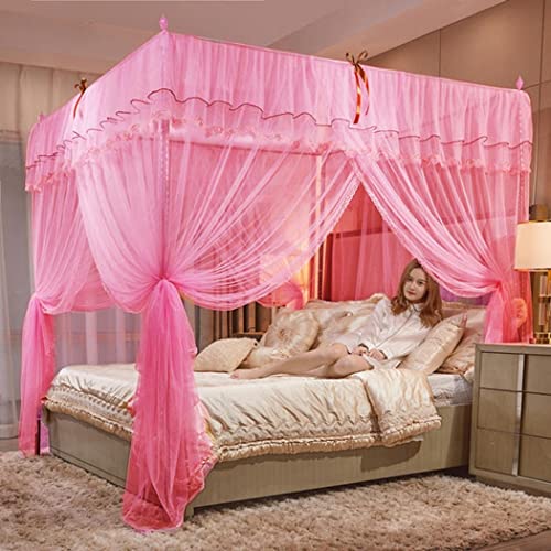DUXY Moskitonetz Bett, Groß Fliegennetz Bett für Anti-Insekt mit 4 Eckpfosten mit Edelstahlrahmen, 3 Seitenöffnungen, Luxus-Prinzessin-Betthimmel für Zuhause und Reise,22mm pink,120 * 200cm von DUXY