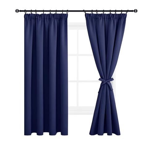 DWCN Blickdichte Gardinen Dicke Vorhänge Verdunkelungsvorhänge mit Kräuselband mit Vorhang-Krawatten 200x140cm(HöhexBreite), Dunkel Blau, 2er Set von DWCN