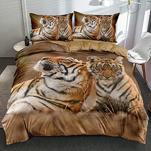 DXHOME 3D Effekt Bettwäsche 200x200 Braun Gelb Tiger Tiere Tiermotiv Bettwäsche Weich Flauschige Mikrofaser Bettwäsche 3 teilig für Doppelbett Paare mit Reißverschluss und 2 Kissenbezüge 80x80 cm von DXHOME