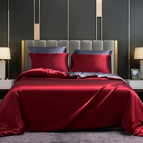 DXHOME Bettwäsche 135 x 200 Satin Rot Weinrot Grau Wende Glanzsatin Seide Glatt Bettwäsche 4 Teiliges Set Mikrofase Bettbezüge mit Reißverschluss und 2 Kissenbezügen 80×80 cm von DXHOME