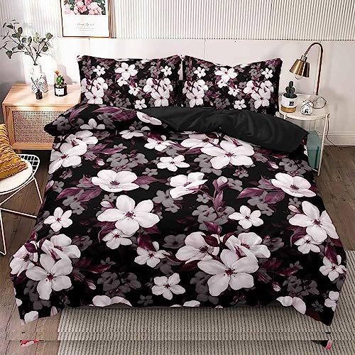 DXHOME Bettwäsche 200x220cm Set Weiß Lila Blumen 3 teilig Bettwäsche Mädchen Schwarz Blumen Weiche Microfaser 3D Bettwäsche Aesthetic Bettbezug Sets mit Reißverschluss und 2 Kissenbezüge 80 x 80cm von DXHOME