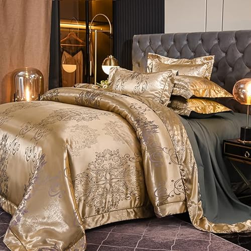 DXHOME Satin Bettwäsche Gold 135 x 200 4teilig Blumenmuster Jacquard Barock Microfaser Champagner Blumen Bettwäsche Angenehme Kühlende Bettbezüge mit Reißverschluss und 2 Kissenbezüge 80 × 80 cm von DXHOME