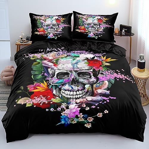 DXHOME Schwarz Bettwäsche 155x220 Schädel Muster Gothic Kinder Totenkopf Kuschelig mit Rose Bunt Blumen Bettdeckenbezug Halloween 3D Gedruckt Bettbezug mit Reißverschluss und 2 Kissenbezüge 80 x 80cm von DXHOME