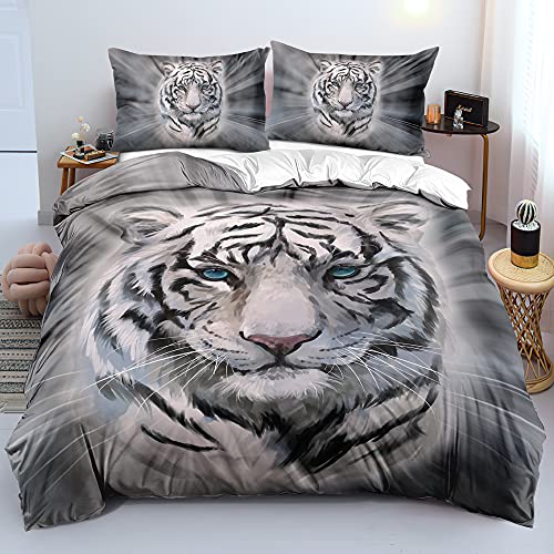 DXHOME Tiger Bettwäsche 135x200 3D Effekt Tiermotiv Bettwäsche 2 teilig Weich Komfort Weiß Grau Mikrofaser Wendebettwäsche für Jugendliche Kinder Einzelbett mit Reißverschluss und Kissenbezug 80x80 cm von DXHOME