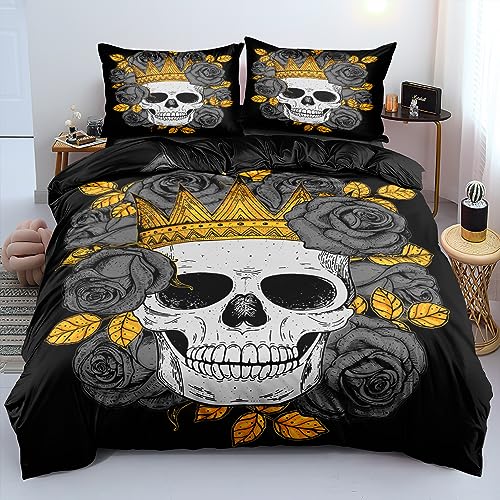 DXHOME Totenkopf Bettwäsche 135x200 Gold Skull Schwarz Blumen 3D Schädel Weiche Mikrofaser Wendebettwäsche Mädchen Teenager Bettbezug mit Reißverschluss + 1 Kissenbezug 80x80 cm von DXHOME