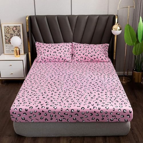 Spannbettlaken 180x200cm Rosa Schwarz Weiß Bettlaken Leoparden Muster Spannbetttuch Boxspringbett 180 x 200 Spannbetttücher Microfaser Jersey Leopard Leo Leintuch für Hohe Matratze bis 25-30 cm von DXHOME