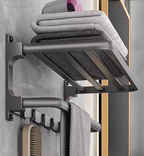 DXJ 58 cm Badezimmer-Regal, klappbar, aus Aluminium, Handtuchhalter, ohne Loch, Wandmontage, mit 5 Haken für Handtücher (Gunmetal-Grau) von DXJ