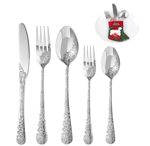 DXJ Besteck Set 1 Personen mit Weihnachtsstrumpftasche, 5-teiliges Edelstahl Besteckset Elegantes Essbesteck für Haus/Restaurant, Spülmaschinenfest & Rostfrei (Silber) von DXJ