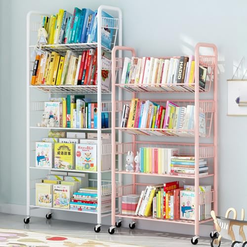DXYQXL Mobiles Bücherregal mit Rädern, hohes schmales Bücherregal in hellrosa Farbe – beweglicher Aufbewahrungs-Organizer für Wohnzimmer, Schlafzimmer, Küche – Regalorganisator von DXYQXL