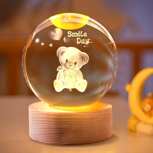 3D Kristallkugel Nachtlicht Schlummerleuchten,Nachttischlampe Glaskugel Blume im Glas Ornamente Nachtlichter mit LED Lampensockel USB,Valentinstag Geschenke für frauen Haus Büro Deko (Bär) von DZAY