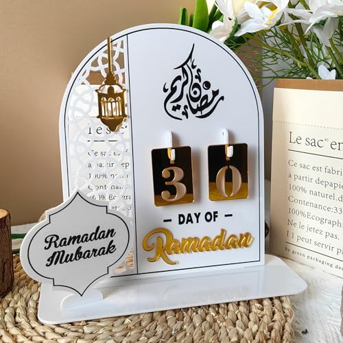Ramadan Kalender Dekorative Adventskalender,Eid Mubarak Dekoration Ramadan aus Acryl Countdown Kalender Ornament Gebet Ramadan,Mubarak Deko Wohnzimmer Ramadan Geschenke für Kinder (Weiß) von DZAY