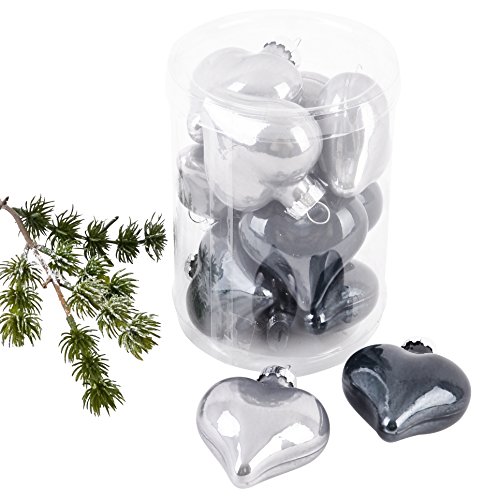Weihnachtskugel Herz Premium 10er Set Glas 6x5x3cm Xmas Baumschmuck (Grau) von Dadeldo