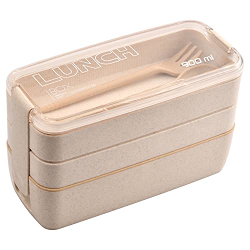Daelesr 1 Pack Reusable Lunch Bento Boxes, Meal Prep Brotdose mit Besteckr, Bento-Lunchbox, 3 Compartments Stackable Food Storage Container Portable, Leakproo for Adults Kids 900ml (Beige) von Daelesr