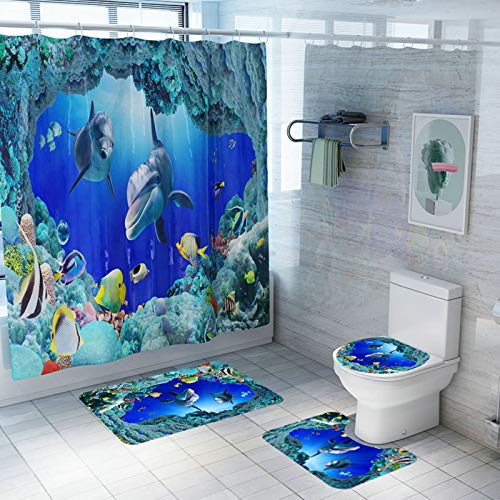 Daesar Unterwasserwelt Fische Delfine Badezimmerteppich Toilette 45x75CM, Bad Vorhang 180x180CM für Badezimmer, Konturmatte Toilettensitzbezug Badezimmerteppich Set 4 Teilig von Daesar