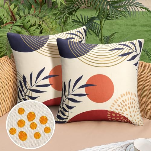 DakTou 2er Set Kissenbezüge 45x45cm Outdoor wasserdichte Leinen Boho Kissenhülle Schwarz Blatt Geometrische Kreisstreifen Sofakissen Dekokissen Minimalistisch Zierkissenbezug für Sofa Bett Garten von DakTou