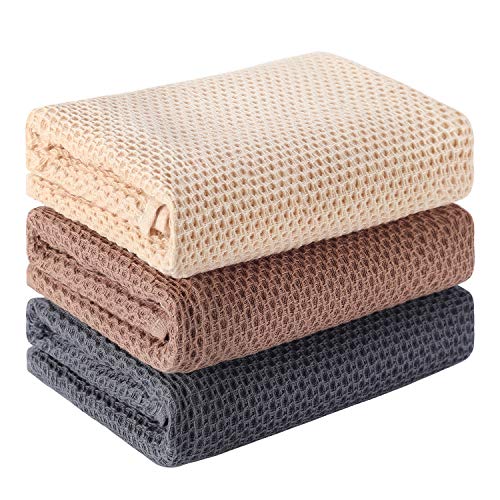 DakTou Küchenhandtücher Geschirrtücher Baumwolle Waffeltuch Geschirrhandtücher Handtuch Set Absorbierende Trockentücher Spüllappen küchentücher mit Aufhängeschlaufe 33X74 cm 3er Pack Braun Grau Beige von DakTou