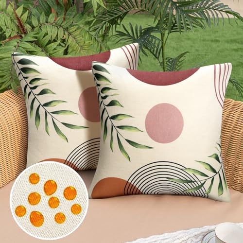 DakTou Outdoor Kissen Kissenbezug 40x40 Wasserdicht Leinen Sofakissen Dekokissen Kissenhülle Boho Frühling Morandi Geometrisch Grünes Blatt Minimalistisch für Garten Draussen Wohnzimmer 2er-Set von DakTou