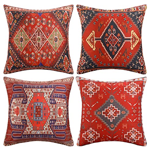 DakTou Sofakissen Kissenhülle 40x40 Stammes Abstraktes Rot Orientalisch Vintage Teppichmuster Kissenbezug Leinen Couchkissen Bezug Deko Outdoor Kissen Kissenbezüge für Sofa Couch Schlafzimmer 4er Set von DakTou