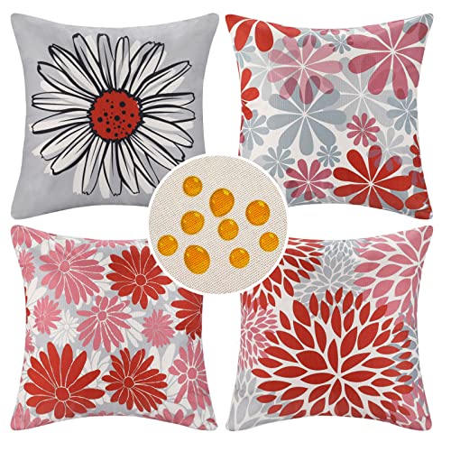 Outdoor Kissen Kissenbezug 45x45 Frühling Sommer Blumen Kissenhülle Sofakissen Dekokissen Rot Moderne Gänseblümchen Kissenbezüge Wasserfest Zierkissenbezüge für Sofa Couch Balkon Hof Terrasse 4er Set von DakTou