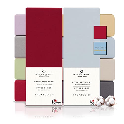 DarBene Spannbettlaken 140x200 Premium 2er Set Color-Mix, Jersey 100% gekämmte Premium Baumwolle, Blickdicht, superweiches Bettlaken bis 30 cm Matratzenhöhe, Oeko-TEX, Hellblau & Rot von DarBene