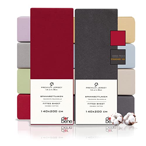 DarBene Spannbettlaken 140x200 Premium 2er Set Color-Mix, Jersey 100% gekämmte Premium Baumwolle, Blickdicht, superweiches Bettlaken bis 30 cm Matratzenhöhe, Oeko-TEX, Anthrazit & Rot von DarBene