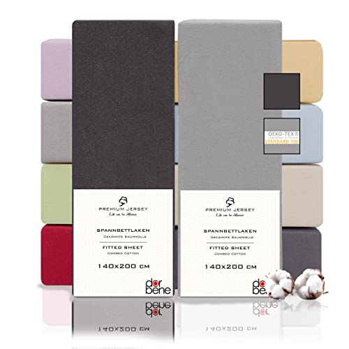 DarBene Spannbettlaken 140x200 Premium 2er Set Grau-Mix, Jersey 100% gekämmte Premium Baumwolle, Blickdicht, superweiches Bettlaken bis 30 cm Matratzenhöhe, Oeko-TEX, Anthrazit & Hellgrau von DarBene