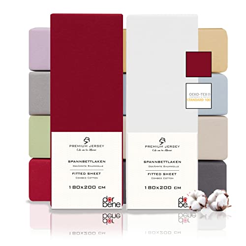 DarBene Spannbettlaken 180x200 Premium 2er Set Weiß-Mix, Jersey 100% gekämmte Premium Baumwolle, atmungsaktiv, superweiches Bettlaken bis 30 cm Matratzenhöhe, Oeko-TEX, Weiß & Rot von DarBene
