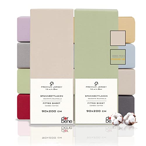 DarBene Spannbettlaken 90x200 Premium 2er Set Color-Mix, Jersey 100% gekämmte Premium Baumwolle, atmungsaktiv, superweiches Bettlaken bis 30 cm Matratzenhöhe, Oeko-TEX, Apfelgrün & Elfenbein von DarBene