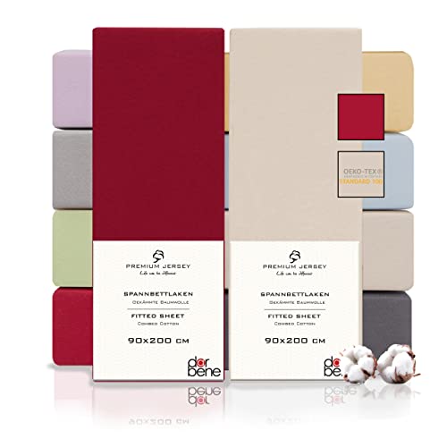 DarBene Spannbettlaken 90x200 Premium 2er Set Color-Mix, Jersey 100% gekämmte Premium Baumwolle, atmungsaktiv, superweiches Bettlaken bis 30 cm Matratzenhöhe, Oeko-TEX, Elfenbein & Rot von DarBene