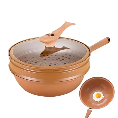 Induktions-Wok, 20-Zoll-Woks Und Bratpfannen, Antihaftbeschichtete Wok-Pfanne Mit Deckel Und Holzgriff, Wok-Pfanne Aus Kohlenstoffstahl, Gusseisen-Rührpfanne, Energiekonzentrierender Wok Mit Flachem B von Darwaza