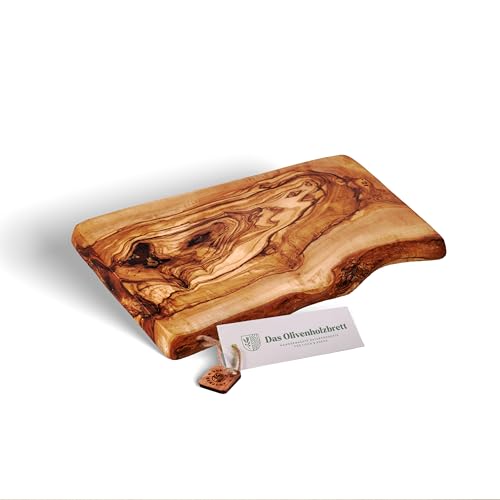 DAS OLIVENHOLZBRETT® Schneidebrett Massivholz, Kräuterbrett, Frühstücksbrett aus Holz, Olivenholz mit einer Seite Naturkante, 35 cm von das Olivenholzbrett