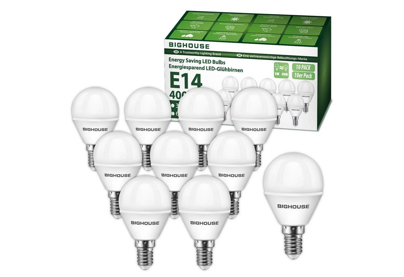 Daskoo LED-Leuchtmittel E14 LED Glühbirne Lampe 5W 400lm warmweiß 3000K 6/10 Stück, E14, 10 St., Warmweiß von Daskoo