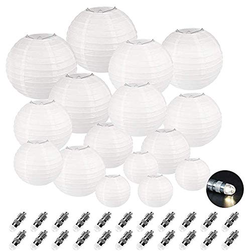 Dazone 24 Stücke weiße Papierlaterne Laterne Deko Feier Lampions Papierlampen mit 24er Mini LED Lichter Hochtzeit Dekoration Papier Laterne von Dazone