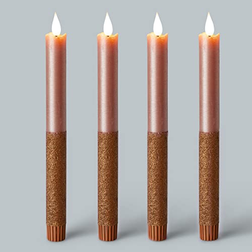 DbKW (11051 Rose) 4er Glitzer Metallic LED Stabkerzen in Echtflammen-Optik Glitter, 6 Std. Timer, aus Echtwachs. Flackereffekt Tafelkerzen Kerzen von DbKW