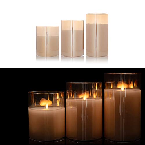 DbKW 3er Set Große LED Kerzen im edlen Glas-Zylinder, verspiegelt, Flackerfunktion, 10, 13 und 15 cm Höhe. Sehr Hochwertig und Elegant (3er Champagner) von DbKW