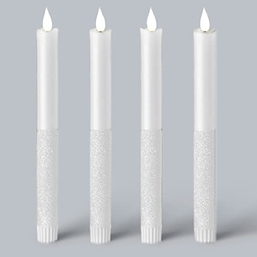 DbKW 4er Glitzer Metallic LED Stabkerzen in Echtflammen-Optik Glitter, 6 Std. Timer, aus Echtwachs. Flackereffekt Tafelkerzen Kerzen (11051 Weiß) von DbKW
