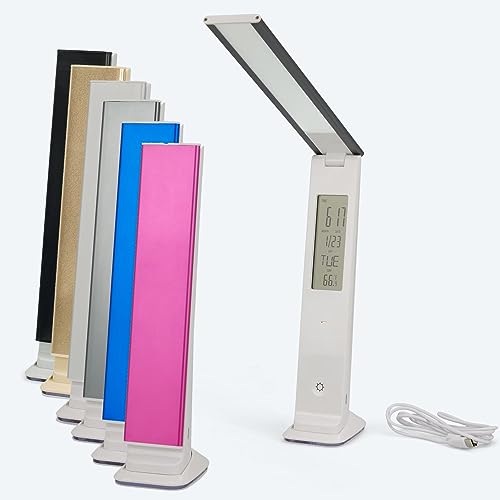 Klappbare LED Tischleuchte Akkubetrieb Dimmbar USB Wecker Datum Temperatur Tischlampe Schreibtischlampe (Silber)… von DbKW