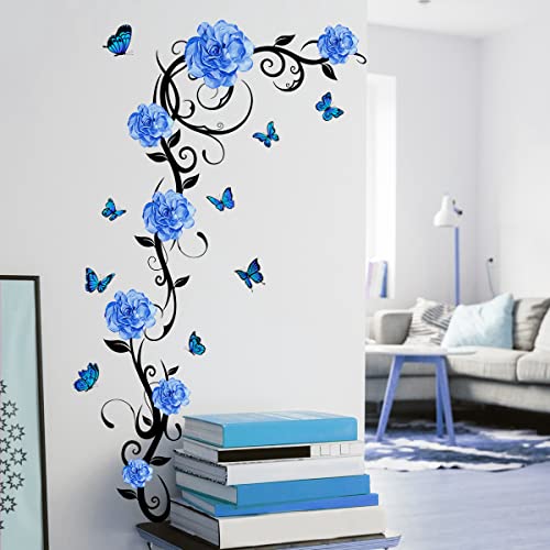 Wandtattoo Blau Blumen Ranke Wandaufkleber Blume Pfingstrose Schmetterling Wandsticker für Schlafzimmer Wohnzimmer Wanddeko von Decalsweet