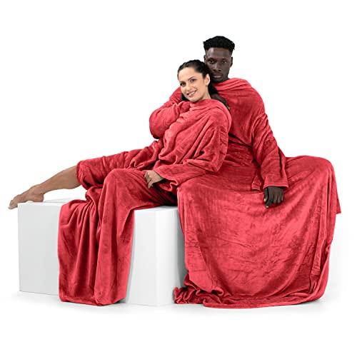 DecoKing Decke mit Ärmeln Geschenke für Frauen und Männer 170x200 cm Rot Microfaser TV Decke Kuscheldecke Weich Lazy von DecoKing