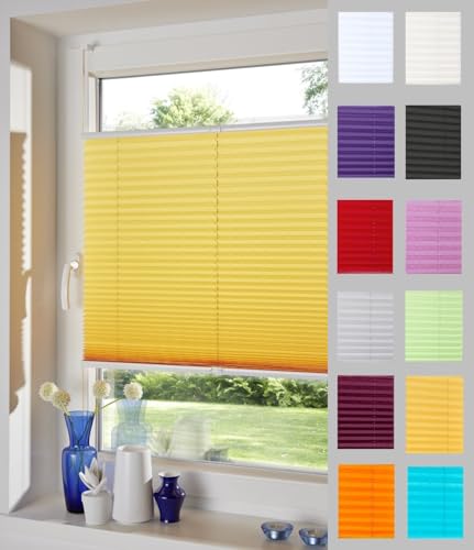 DécoProfi Plissee ohne Bohren Melonengelb 85cm x 220cm (max. Gesamthöhe Fensterflügel) I Verspannte Plissees nach Maß mit Klemmträger/Klemmfix I Blickdichte Innenrahmen-Plissees zum Klemmen von DécoProfi