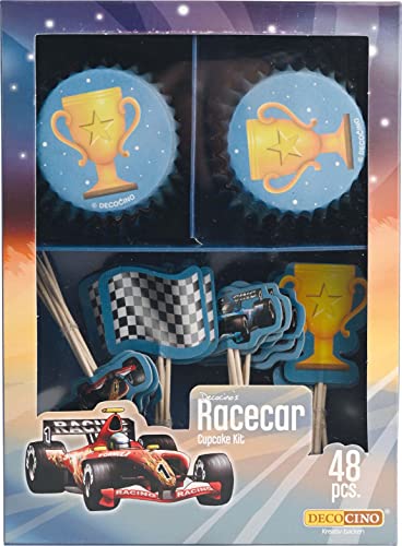 DECOCINO Muffin-Set Racecar 48-tlg. - 24 Cupcake-Förmchen mit Ø 5 cm & 24 Muffin-Topper aus Papier, ideale Deko für Kindergeburtstage & Motto-Partys von DECOCINO