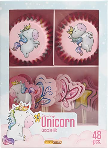 DECOCINO Muffin-Set Unicorn 48-tlg. - 24 Cupcake-Förmchen mit Ø 5 cm & 24 Muffin-Topper aus Papier, ideale Deko für Kindergeburtstage & Motto-Partys von DECOCINO